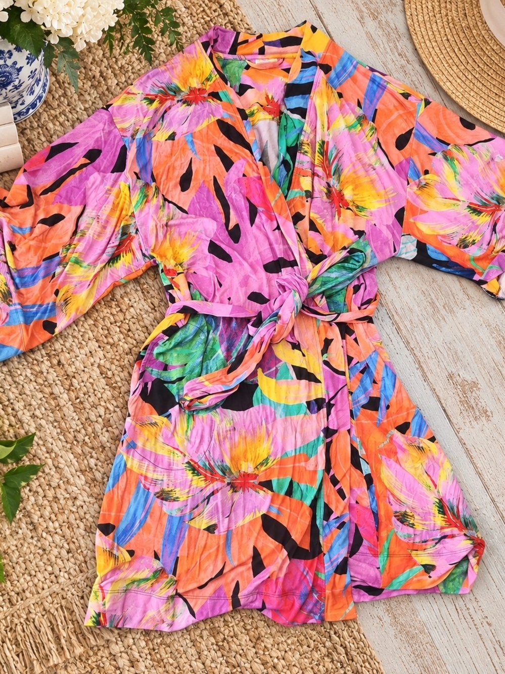 Soma Multicolor Floral & Abstract Print Robe- Pink, Orange, Green, Black S/M